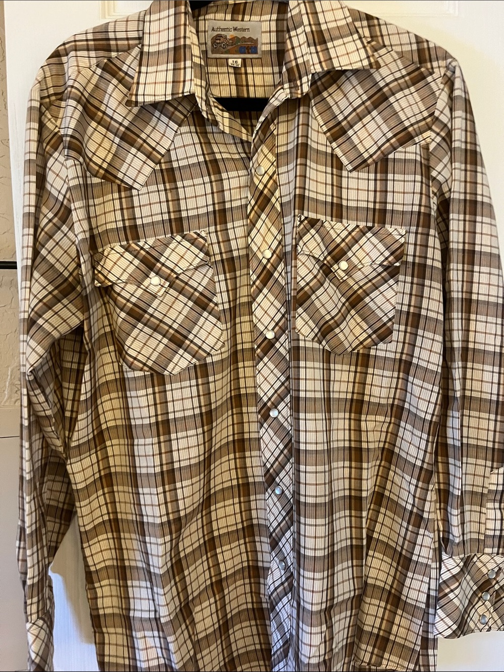 Authentic Western  Brown Plaid Men's Snap Down Long Sleeve Shirt  size 16 34-35